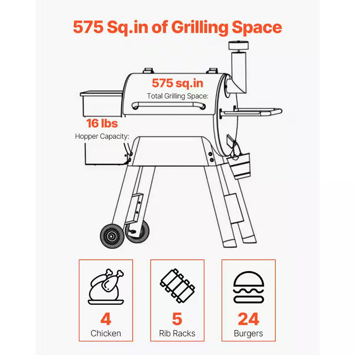 575 Sq. In. Pellet Grill Smoker, 8-In-1 Electric BBQ W/ LCD Screen, Temp Probe, 500°F Max for Outdoor Use Black