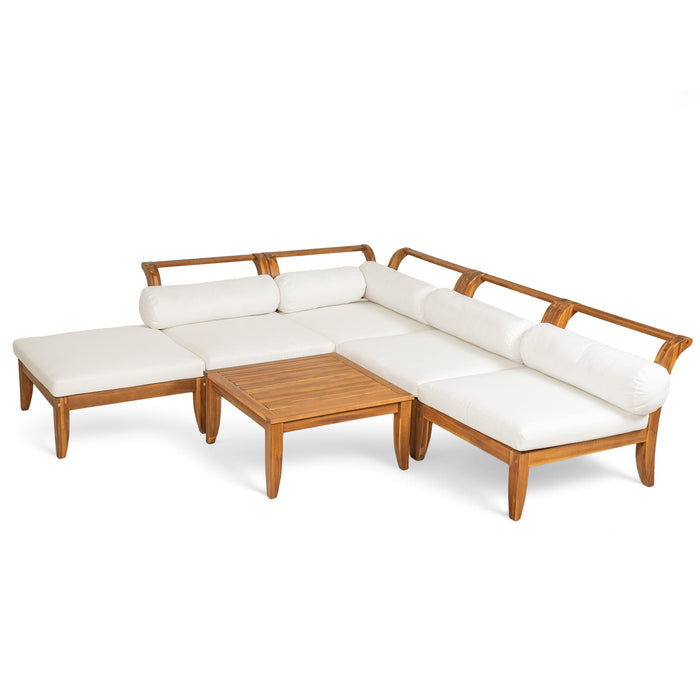 6 Piece Acacia Wood Outdoor Modular Sectional with Daybed and Tea Table