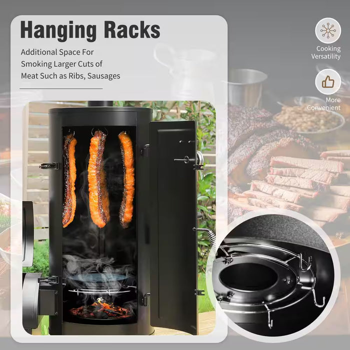 Vertical Charcoal Smoker Grill in Black with Extra Side Grill