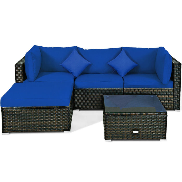 5 Pcs Outdoor Patio Rattan Furniture Set Sectional Conversation with Navy Cushions-Navy