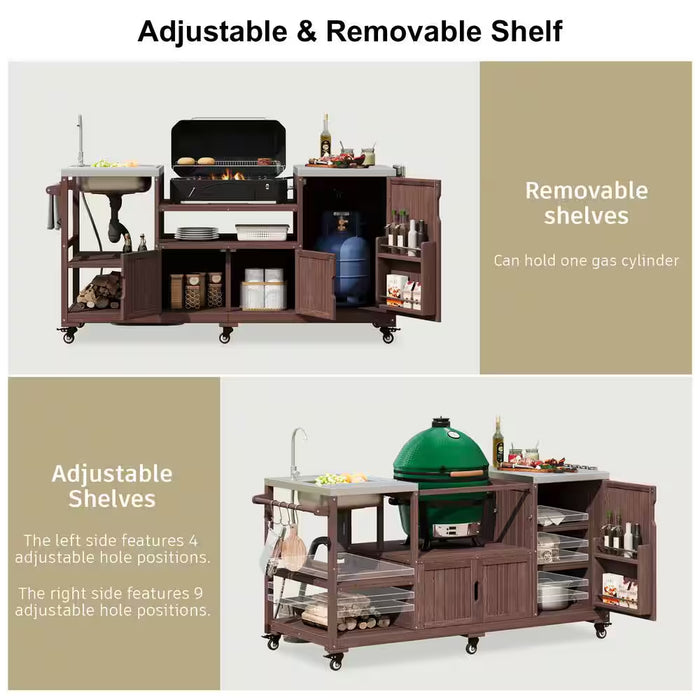 Farmhouse Dark Brown Stainless Steel 75.4 In. Rolling Kitchen Island Outdoor Bar Cart for Big Green Egg Grills with Sink