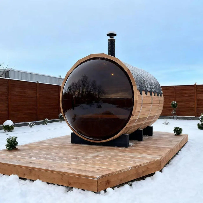 Outdoor Barrel Sauna with Front Porch &amp; Panoramic Glass – Available in 2-6 Person Sizes
