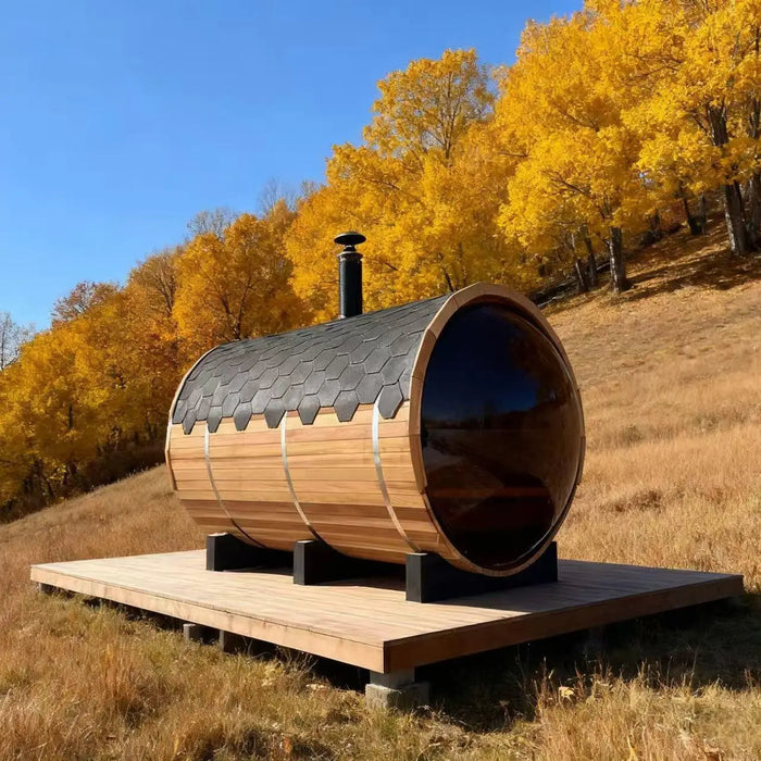 Outdoor Barrel Sauna with Front Porch &amp; Panoramic Glass – Available in 2-6 Person Sizes