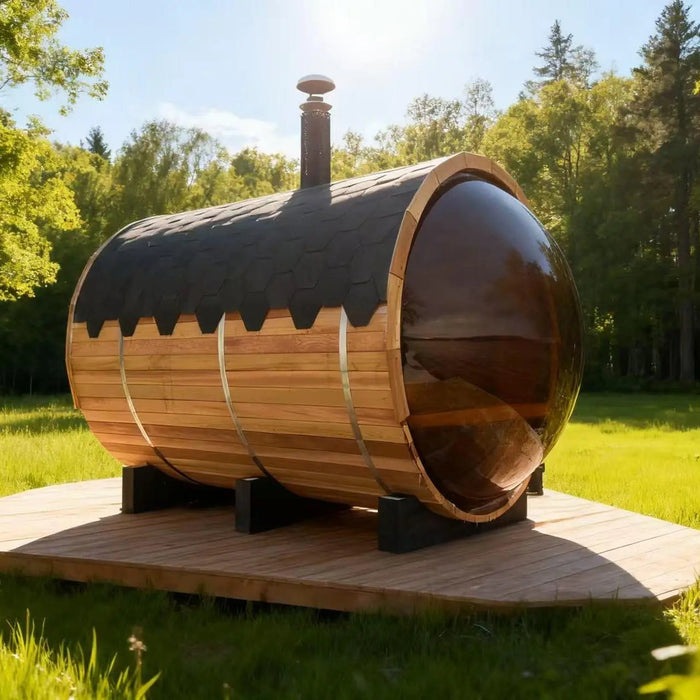 Outdoor Barrel Sauna with Front Porch &amp; Panoramic Glass – Available in 2-6 Person Sizes