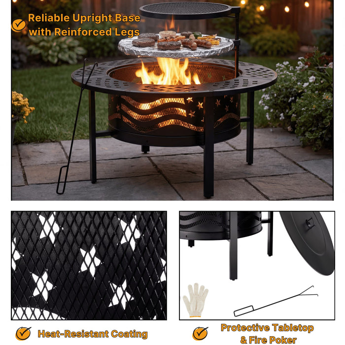 Fire Pit for outside 42" Wood Burning Fire Pit Tables with 2 Adjustable Swivel BBQ Grills, Lid, Poker for Patio Backyard BBQ Ice Storage