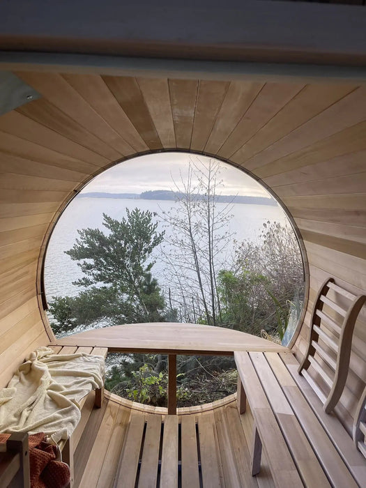 Outdoor Barrel Sauna with Front Porch &amp; Panoramic Glass – Available in 2-6 Person Sizes
