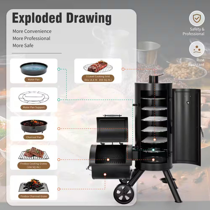Vertical Charcoal Smoker Grill in Black with Extra Side Grill