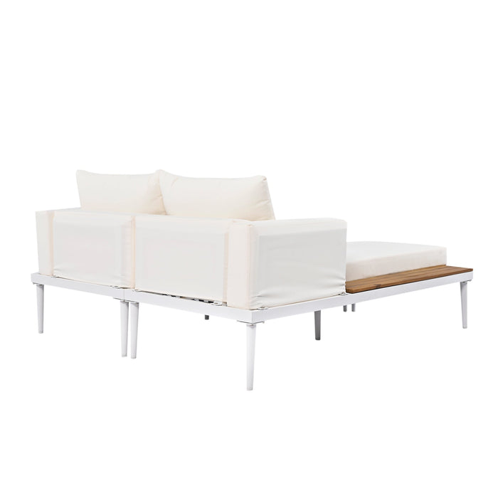 TOPMAX Modern Outdoor Daybed Patio Metal Daybed with Wood Topped Side Spaces for Drinks, 2 in 1 Padded Chaise Lounges for Poolside, Balcony, Deck, Beige