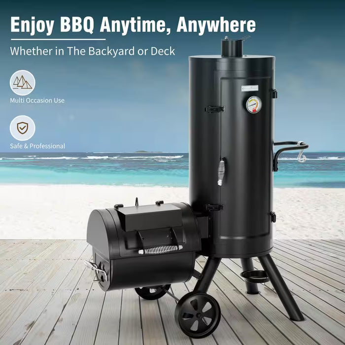 Vertical Charcoal Smoker Grill in Black with Extra Side Grill