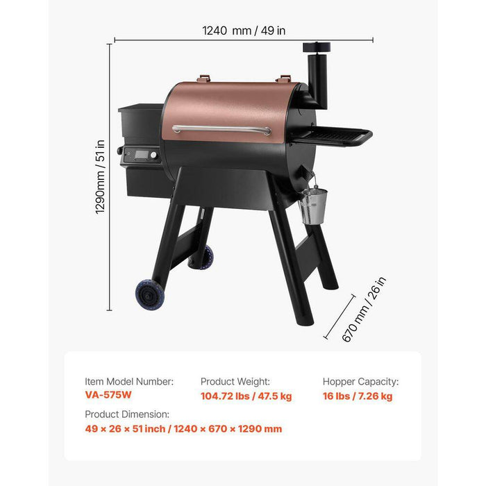 8-In-1 Wood Pellet Grill Smoker Outdoor Cooking, 575 Sq in Cooking Area, Wifi Control, LCD, Meat Probe, 500°F Max, Black