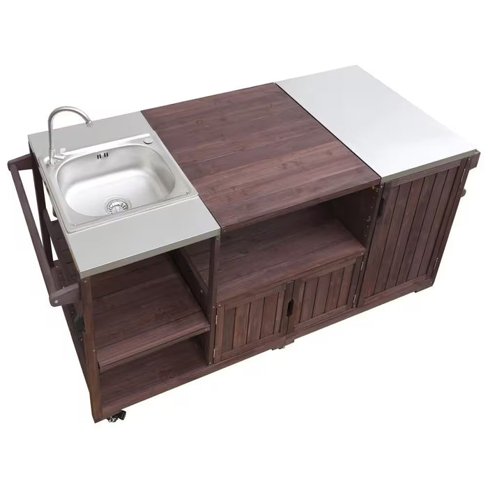 Farmhouse Dark Brown Stainless Steel 75.4 In. Rolling Kitchen Island Outdoor Bar Cart for Big Green Egg Grills with Sink