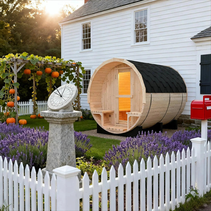 4-6 Person Outdoor Barrel Sauna - Premium White Pine Wood, All-Weather Design for Backyard Relaxation