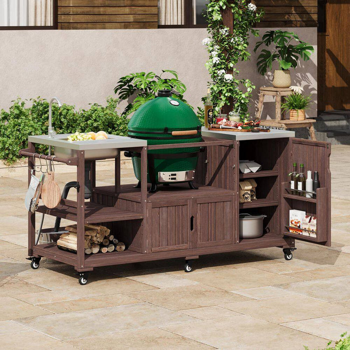 Farmhouse Dark Brown Stainless Steel 75.4 In. Rolling Kitchen Island Outdoor Bar Cart for Big Green Egg Grills with Sink