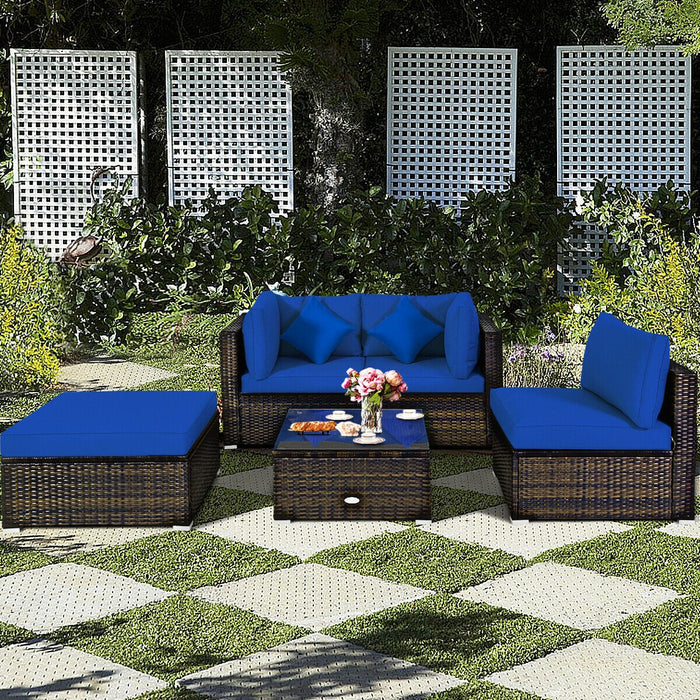5 Pcs Outdoor Patio Rattan Furniture Set Sectional Conversation with Navy Cushions-Navy