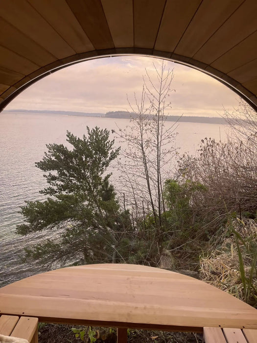 Outdoor Barrel Sauna with Front Porch &amp; Panoramic Glass – Available in 2-6 Person Sizes