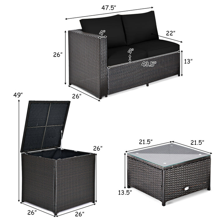 4 Pieces Outdoor Patio Rattan Furniture Set with Loveseat and Storage Box-Black