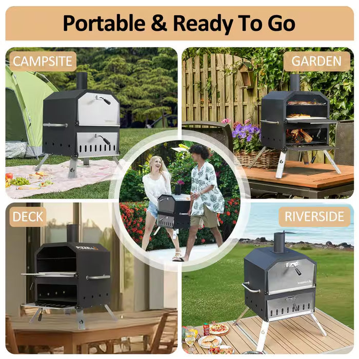 16 In. 2-Layer Outdoor Pizza Oven Wood Fired Pizza Maker outside Pizza Grill for Camping, Black