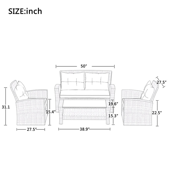 U-Style 4 Piece Outdoor Patio Furniture Set with Ottoman and Cushions