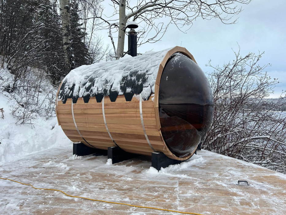 Outdoor Barrel Sauna with Front Porch &amp; Panoramic Glass – Available in 2-6 Person Sizes