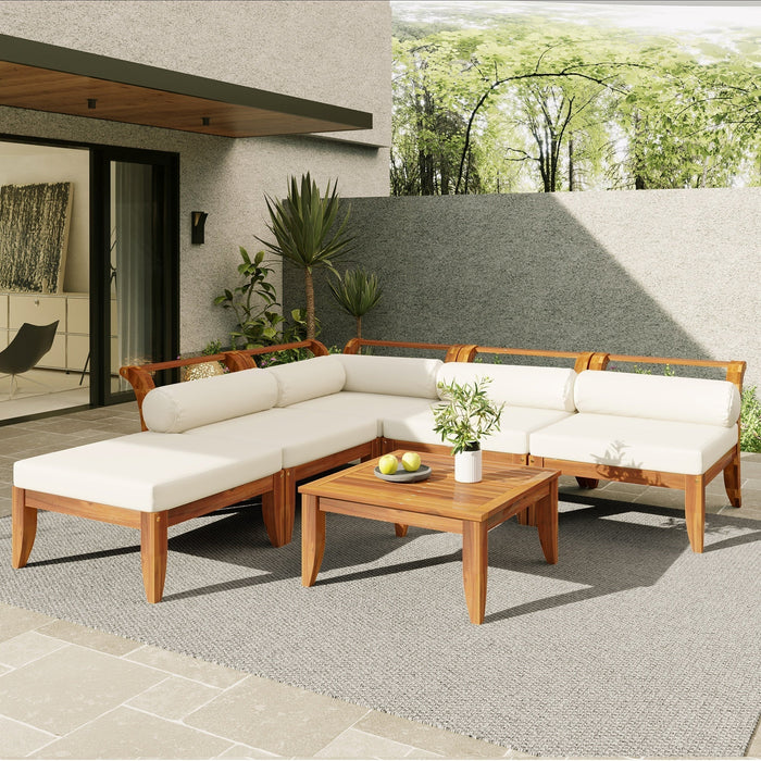6 Piece Acacia Wood Outdoor Modular Sectional with Daybed and Tea Table