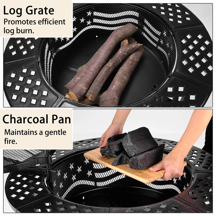 Fire Pit for outside 42" Wood Burning Fire Pit Tables with 2 Adjustable Swivel BBQ Grills, Lid, Poker for Patio Backyard BBQ Ice Storage