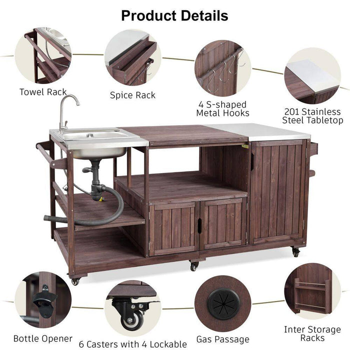 Farmhouse Dark Brown Stainless Steel 75.4 In. Rolling Kitchen Island Outdoor Bar Cart for Big Green Egg Grills with Sink