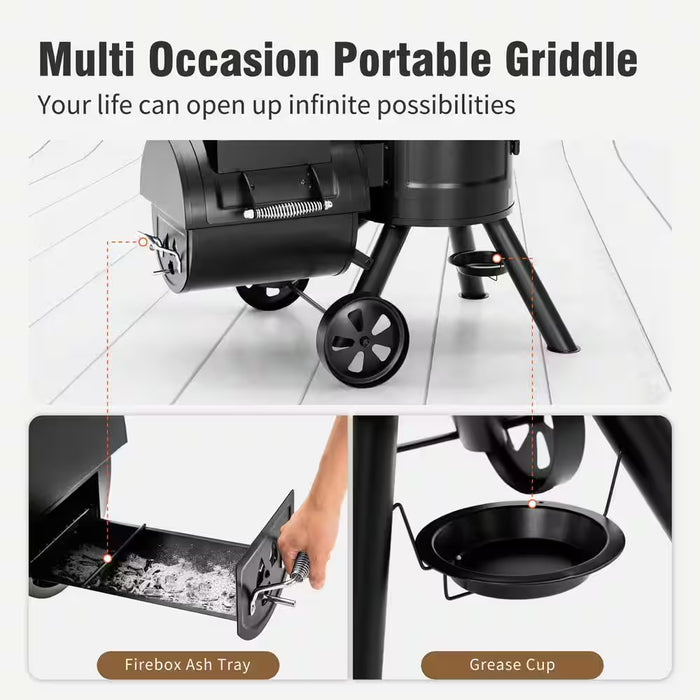 Vertical Charcoal Smoker Grill in Black with Extra Side Grill