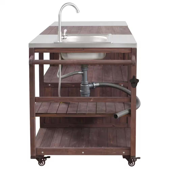Farmhouse Dark Brown Stainless Steel 75.4 In. Rolling Kitchen Island Outdoor Bar Cart for Big Green Egg Grills with Sink