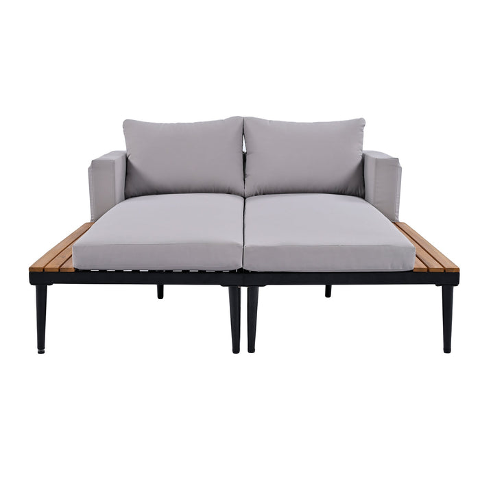 TOPMAX Modern Outdoor Daybed Patio Metal Daybed with Wood Topped Side Spaces for Drinks, 2 in 1 Padded Chaise Lounges for Poolside, Balcony, Deck, Gray