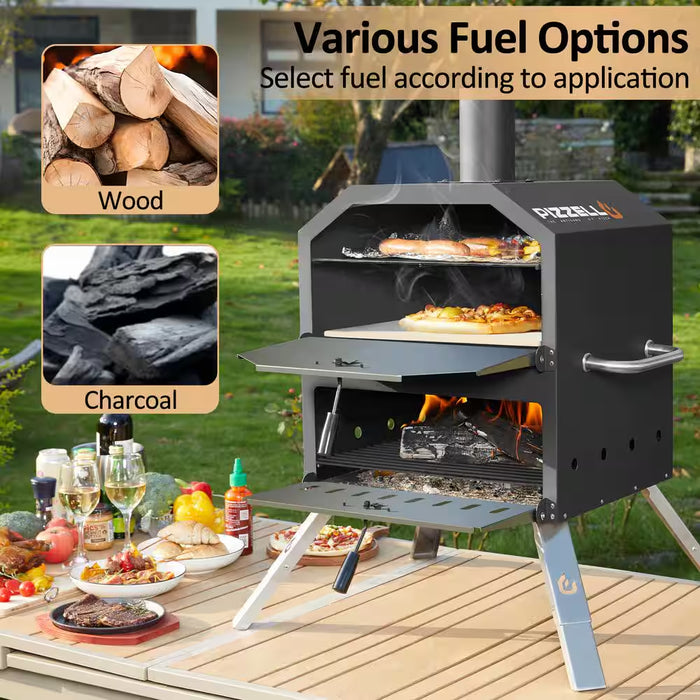 16 In. 2-Layer Outdoor Pizza Oven Wood Fired Pizza Maker outside Pizza Grill for Camping, Black