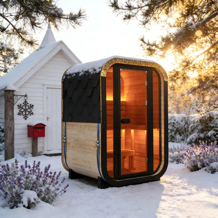 Outdoor Traditional Steam Sauna - Carbonized Spruce Wood, Tinted Glass, 6KW Heater