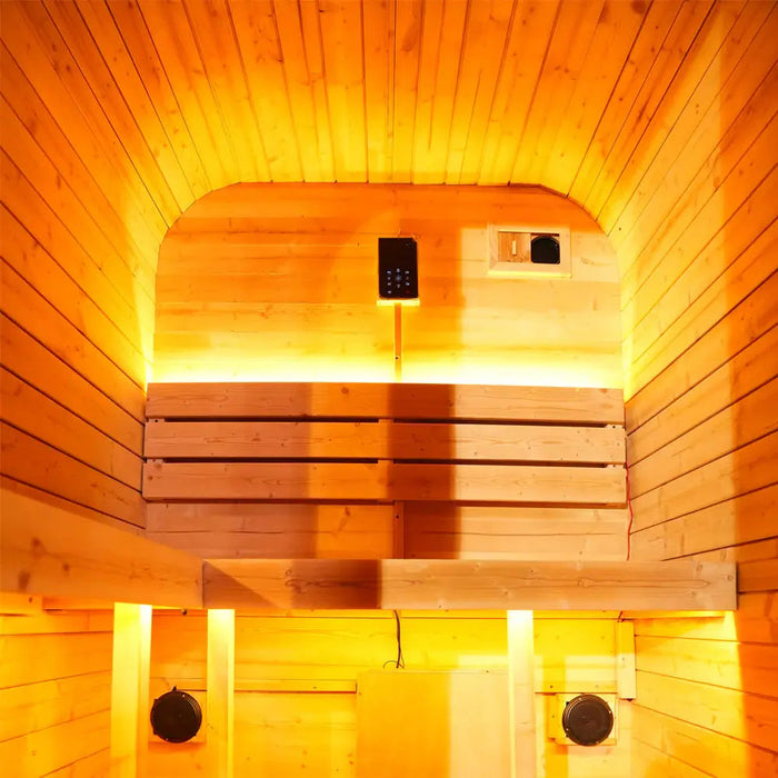 Outdoor Traditional Steam Sauna - Carbonized Spruce Wood, Tinted Glass, 6KW Heater