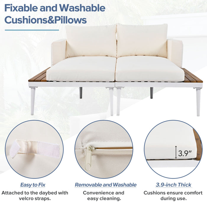 TOPMAX Modern Outdoor Daybed Patio Metal Daybed with Wood Topped Side Spaces for Drinks, 2 in 1 Padded Chaise Lounges for Poolside, Balcony, Deck, Beige