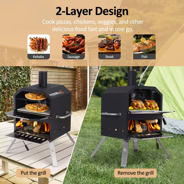 16 In. 2-Layer Outdoor Pizza Oven Wood Fired Pizza Maker outside Pizza Grill for Camping, Black
