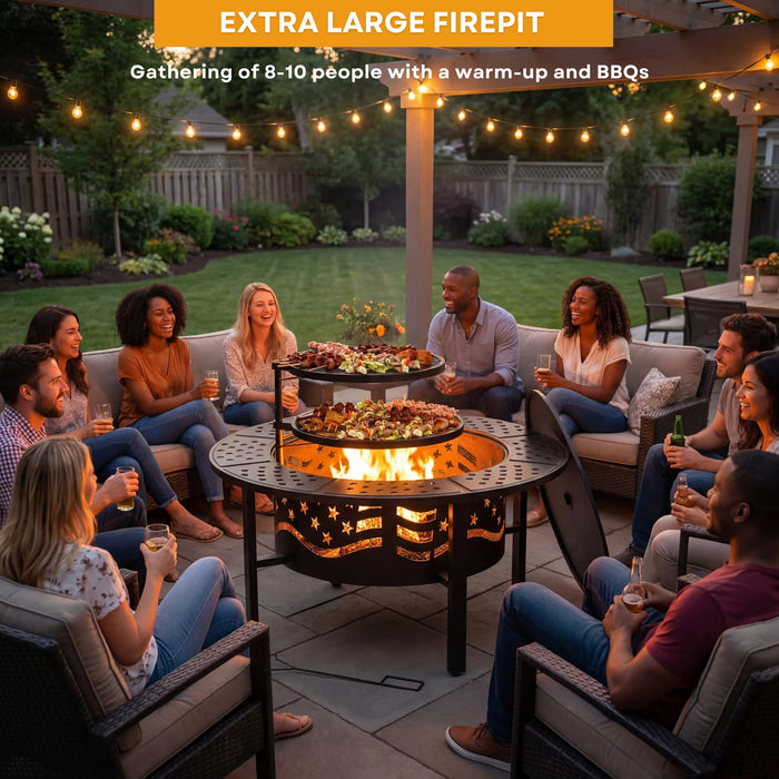 Fire Pit for outside 42" Wood Burning Fire Pit Tables with 2 Adjustable Swivel BBQ Grills, Lid, Poker for Patio Backyard BBQ Ice Storage