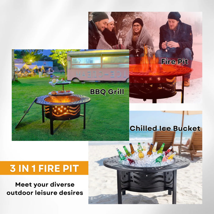 Fire Pit for outside 42" Wood Burning Fire Pit Tables with 2 Adjustable Swivel BBQ Grills, Lid, Poker for Patio Backyard BBQ Ice Storage