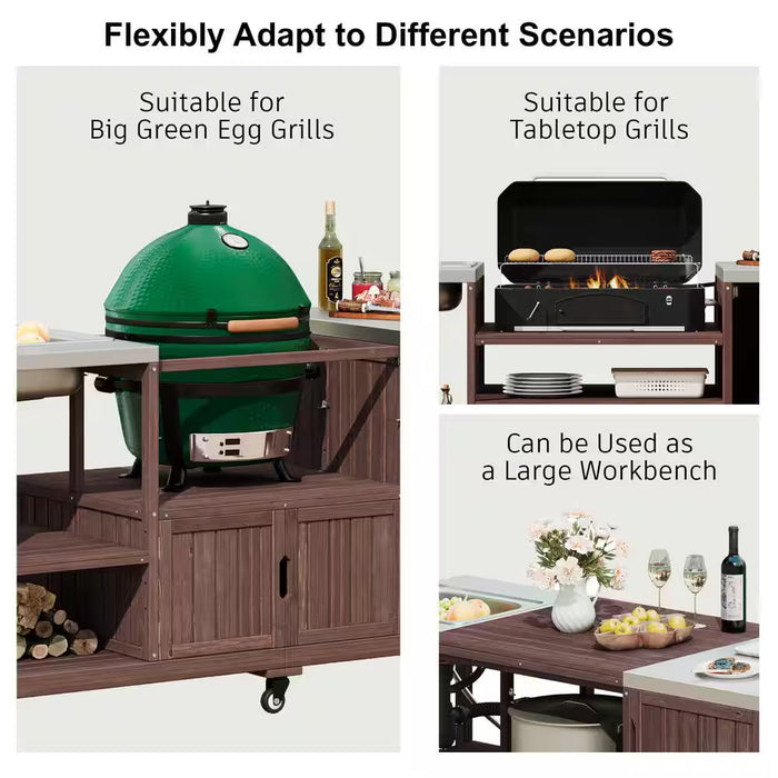Farmhouse Dark Brown Stainless Steel 75.4 In. Rolling Kitchen Island Outdoor Bar Cart for Big Green Egg Grills with Sink
