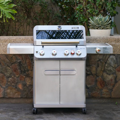Mesa 415Bz,4-Burner Liquid Propane Infrared Gas Grill with Side Burner and Cabinet, 62,000 BTU – Perfect for Family Bbqs（With Free Cover）,Holiday Gift