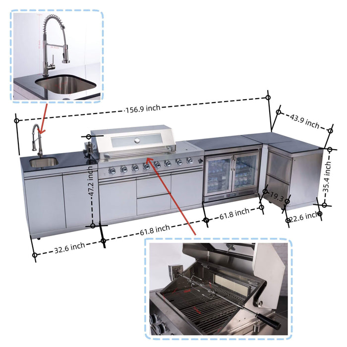 Castelle Flame 62-Inch 6-Burner Gas Outdoor Grill Island With Wine Cooler And Rotisserie (SAK31642)