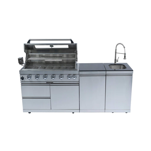 Castelle Flame Granite Outdoor BBQ Kitchen Island With 43-Inch 6-Burner Gas Grill, Rotisserie Kit, Cabinets, And Sink – Open Cover Front View