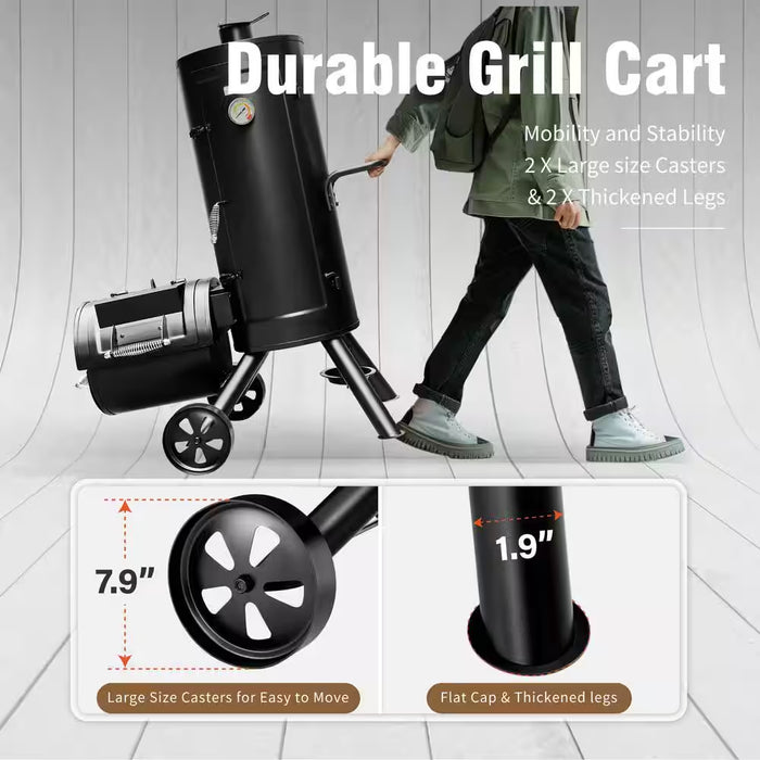 Vertical Charcoal Smoker Grill in Black with Extra Side Grill