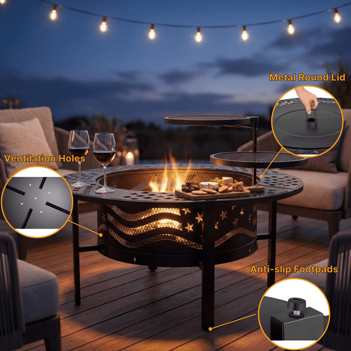 Fire Pit for outside 42" Wood Burning Fire Pit Tables with 2 Adjustable Swivel BBQ Grills, Lid, Poker for Patio Backyard BBQ Ice Storage