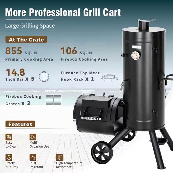 Vertical Charcoal Smoker Grill in Black with Extra Side Grill