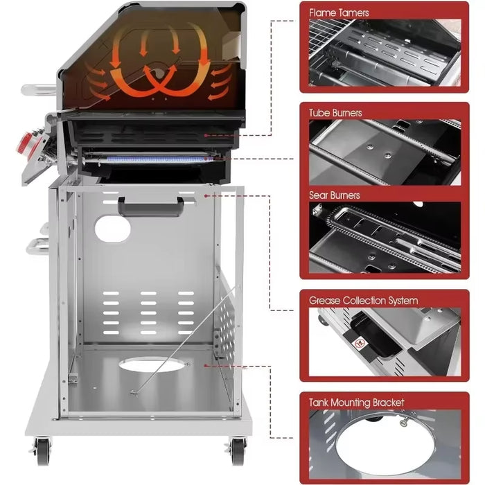 HOT 5-Burner Propane Gas Grill with Side Burner, Stainless Steel Barbeque Grills, Silver, GA5404S