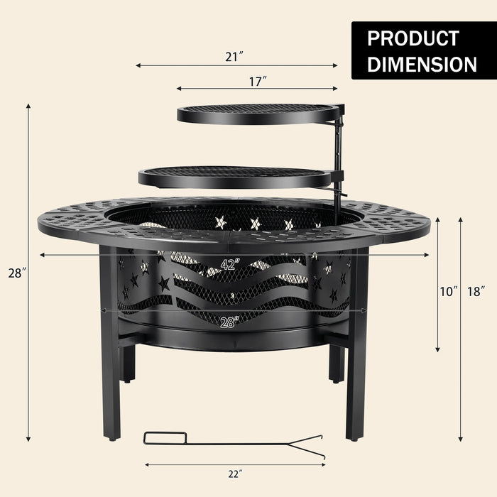 Fire Pit for outside 42" Wood Burning Fire Pit Tables with 2 Adjustable Swivel BBQ Grills, Lid, Poker for Patio Backyard BBQ Ice Storage