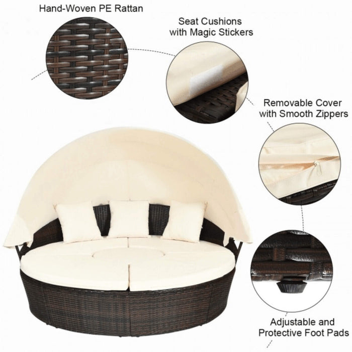 Premium Round Outdoor Patio Rattan Daybed W/ Canopy & Table, 76" (SAK96418)